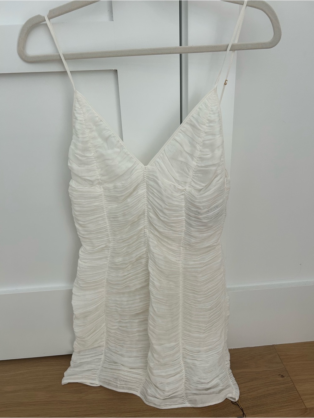 White Ruched Mini Dress with Spaghetti Straps